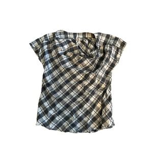Women XS Rogan Target Cowl Neck White Black Plaid Short Slv Blouse Top Linen